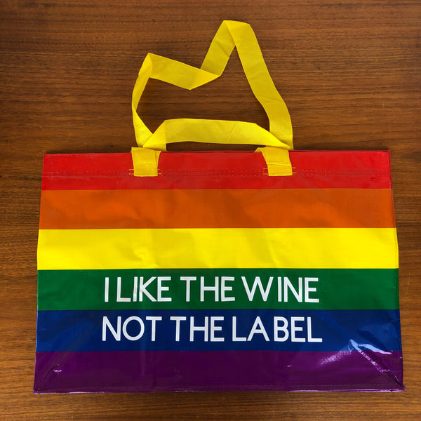 I like the wine not the label rainbow bag